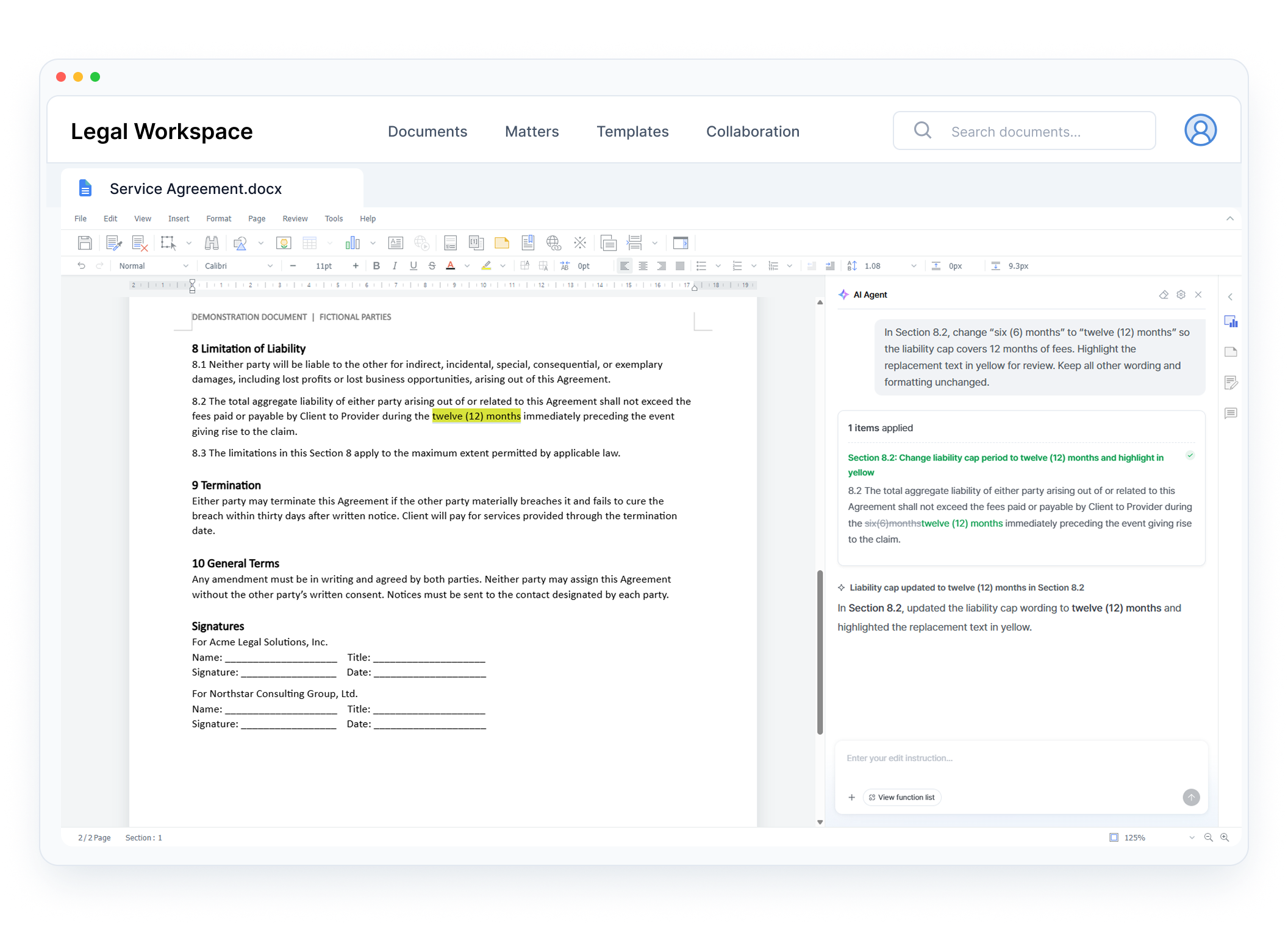 Embedded legal document editor showing an AI update to a contract’s liability clause and the highlighted change for review.