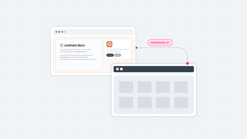 Illustration of Claude editing a contract in Google Workspace with tracked changes and approval, linked as an embeddable layer to another web app