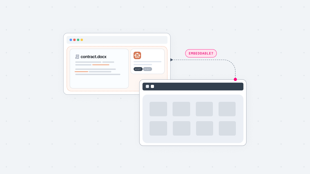 Illustration of Claude editing a contract in Google Workspace with tracked changes and approval, linked as an embeddable layer to another web app