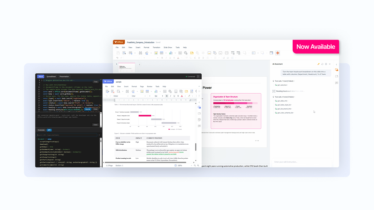 Thinkfree Document Editor SDK with a Now Available badge. A developer playground runs Word API code beside an embedded Word editor, while a presentation editor shows an AI Assistant calling document tools to turn slide content into a table.